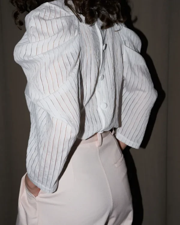 Erotokritos Tops & Shirts*Uma - Pleated Sleeve Top - White on White Stripe