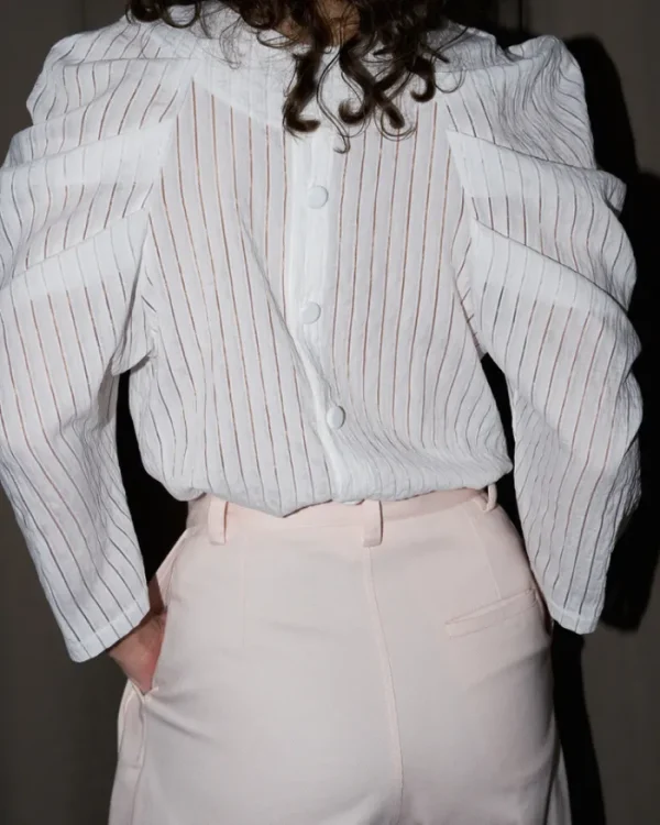 Erotokritos Tops & Shirts*Uma - Pleated Sleeve Top - White on White Stripe