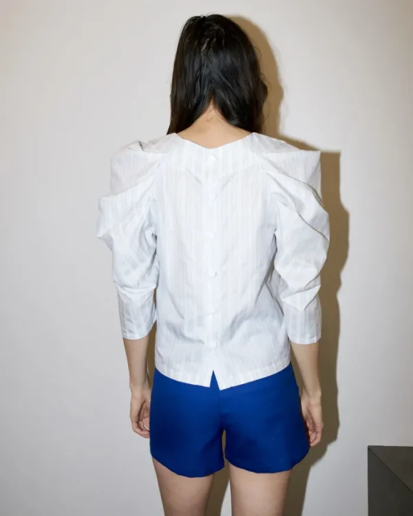 Erotokritos Tops & Shirts*Uma - Pleated Sleeve Top - Pastel Blue White Stripe