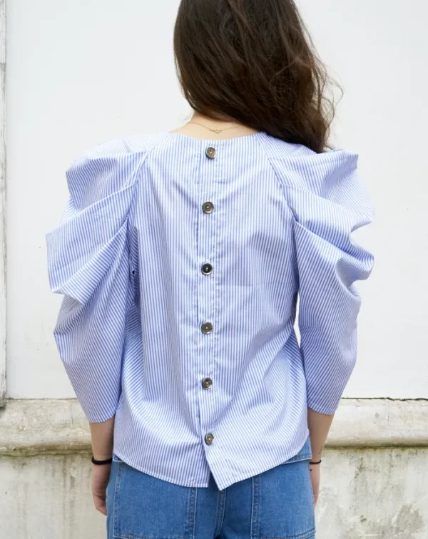 Erotokritos Tops & Shirts*Uma-Pleated Sleeve Top-Blue/White Stripe