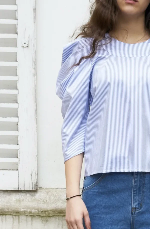 Erotokritos Tops & Shirts*Uma-Pleated Sleeve Top-Blue/White Stripe