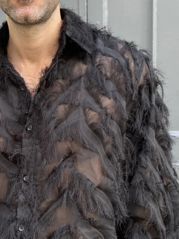 Erotokritos Tops & Shirts*Wanda - Oversized Fringed Organza Shirt - Black
